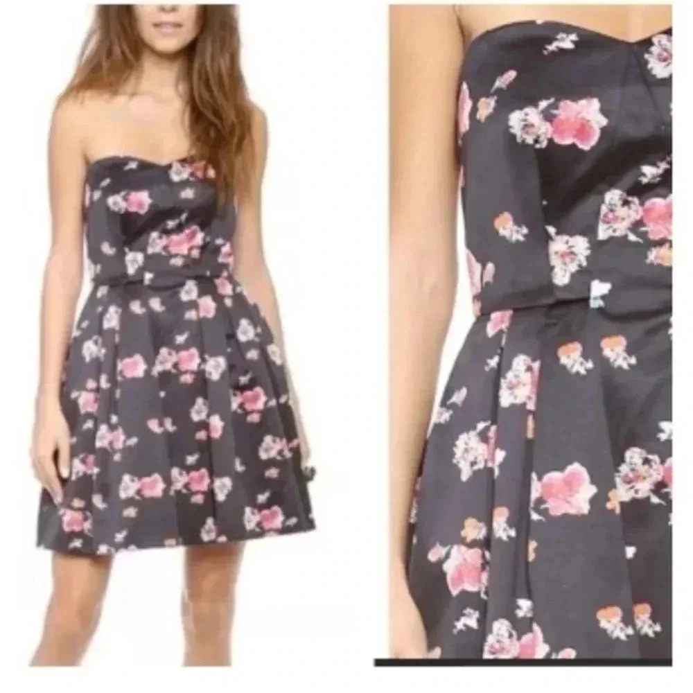Jill Stewart | Black Floral Satin Strapless Sweetheart Neckline Cocktail Size 6